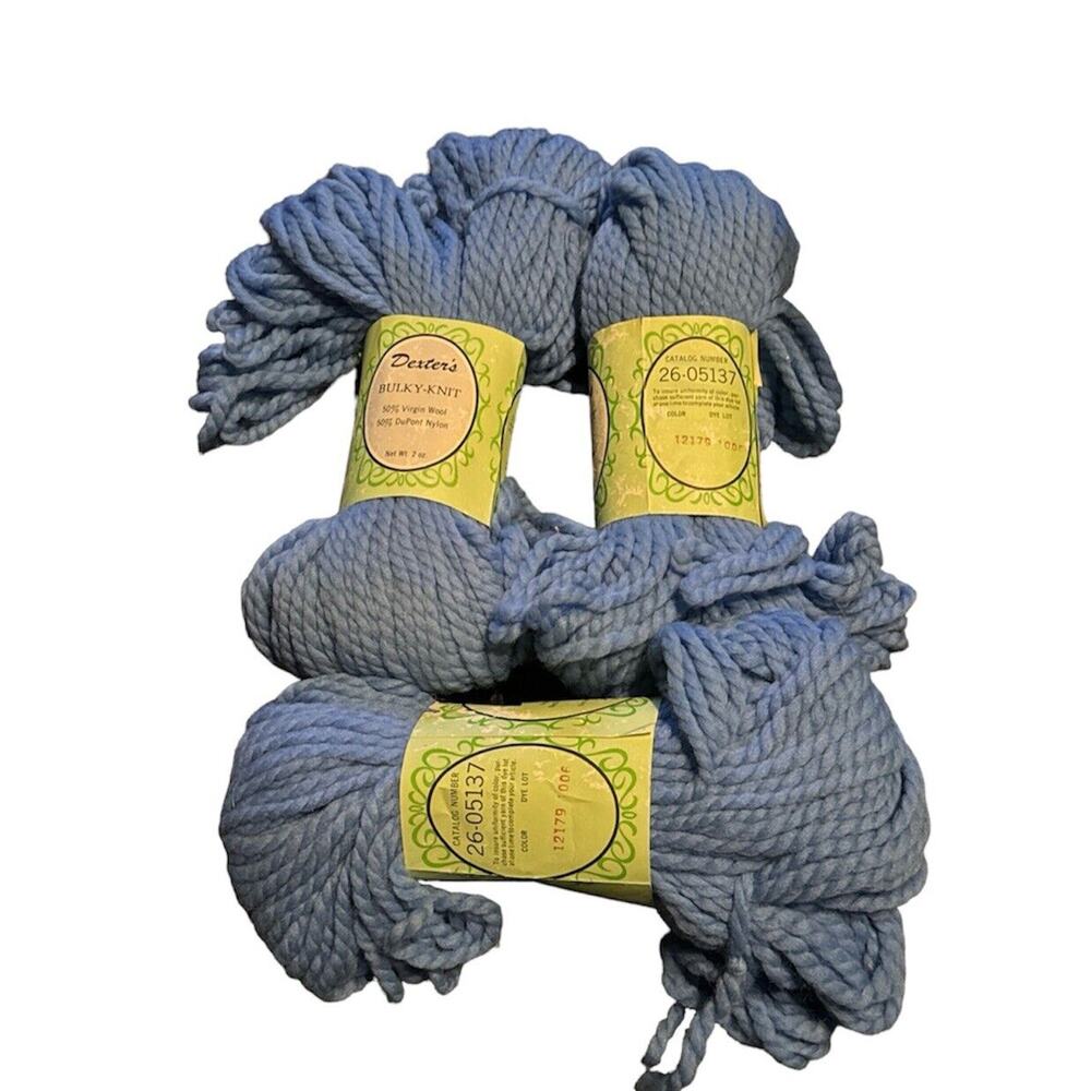 Lee Wards DEXTER Blue 3 Skeins VTG Yarn Bulky Knit Wool Nylon 2 oz each Knitting